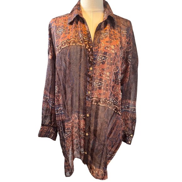 ZARA M Bohemian Brown Rust Blue Print Dolman Sleeve Button-Down Blouse - Picture 1 of 16